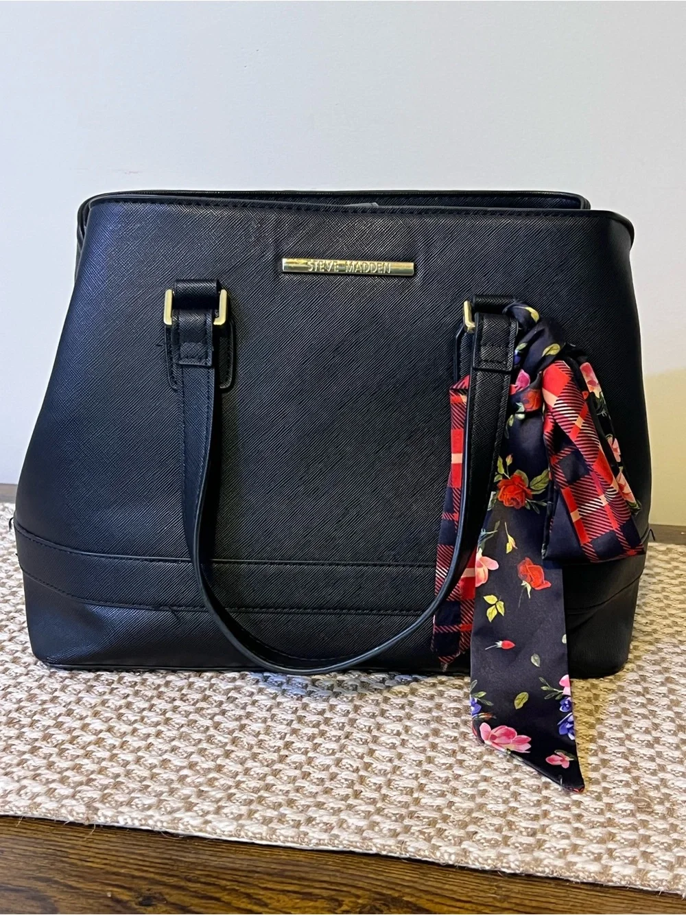 Steve Madden Black Textured Dome Satchel Tote Purse with Floral Scarf Charm